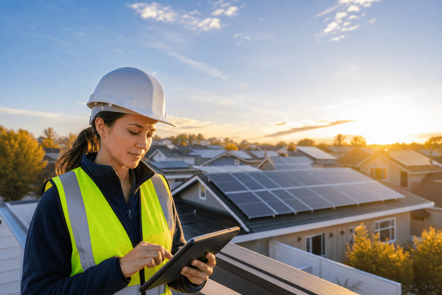 Solar operations coordinator reviewing work on a tablet with residential solar panels in the background