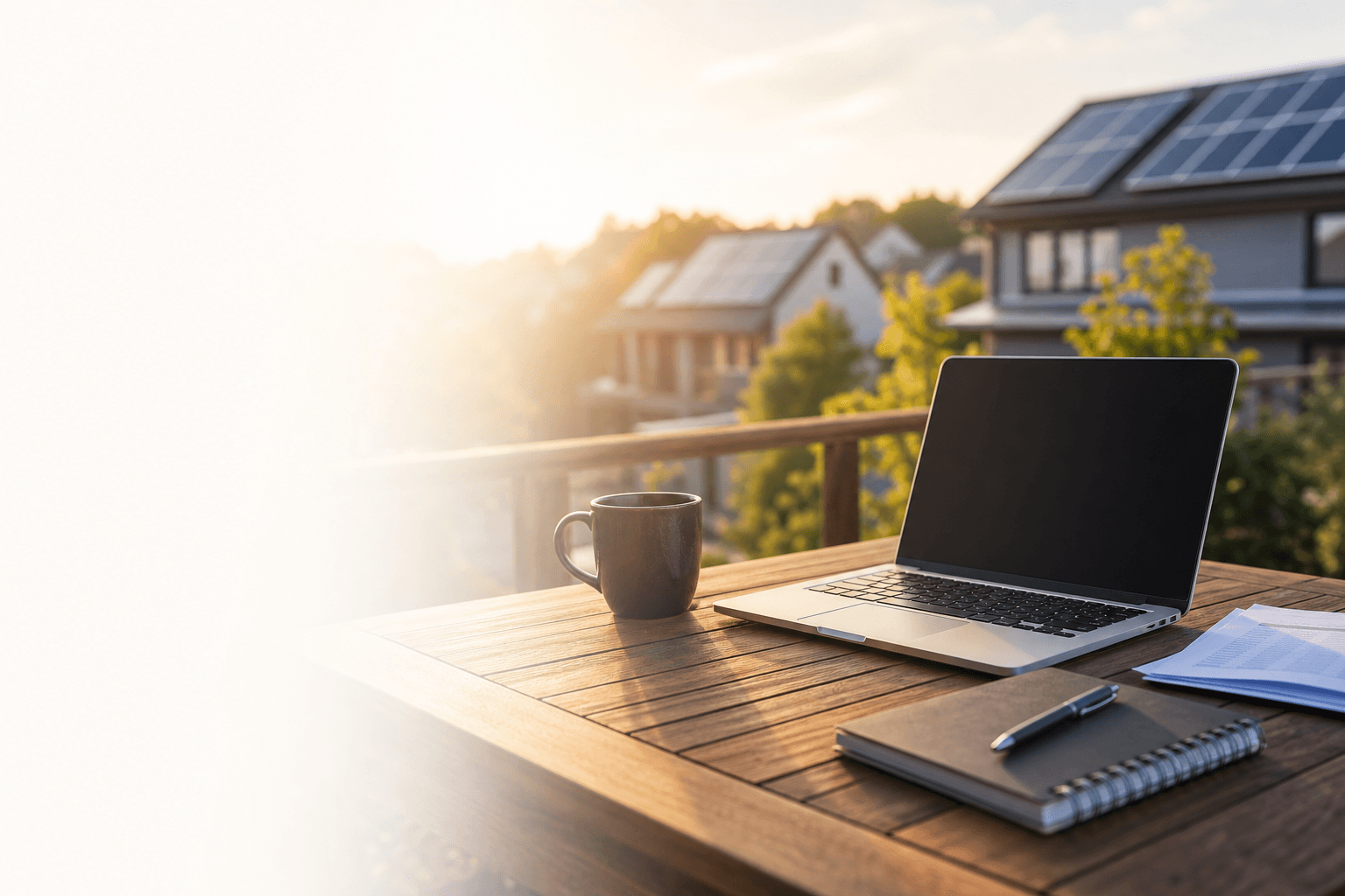 Outdoor workspace with laptop and coffee on a deck overlooking homes with solar panels